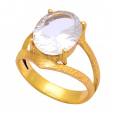 Faceted Oval Shape Crystal Quartz Gemstone 925 Silver Gold Plated Ring