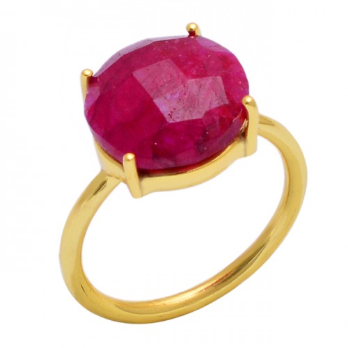 Faceted Round Shape Ruby Gemstone 925 Sterling Silver Gold Plated Ring