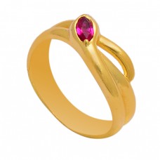 Marquise Shape Pink Quartz Gemstone 925 Sterling Silver Gold Plated Ring