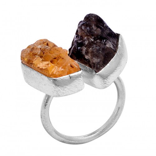 Raw Material Citrine Smoky Quartz Rough Gemstone 925 Silver Ring Jewelry