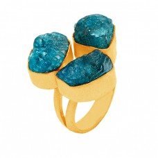 925 Sterling Silver Apatite Rough Gemstone Gold Plated Handmade Designer Ring