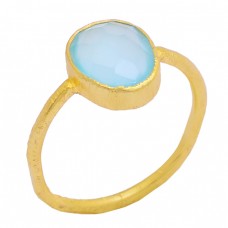 Faceted Oval Shape Aqua Chalcedony Gemstone 925 Silver Gold Plated Ring