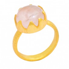 Cabochon Round Shape Rose Chalcedony Gemstone Gold Plated Ring