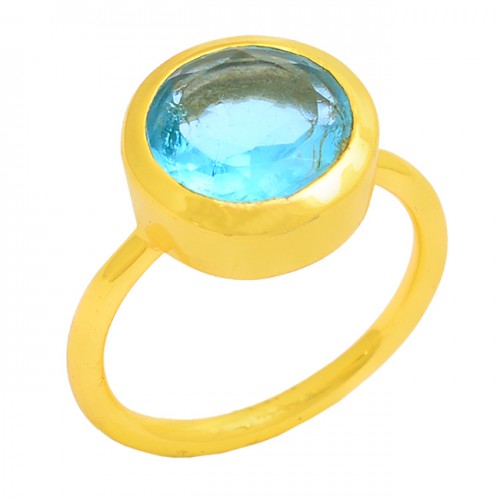 Faceted Round Shape Blue Topaz Gemstone 925 Silver Gold Plated Ring