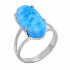 Oval Shape Larimar Gemstone 925 Sterling Silver Prong Setting Ring