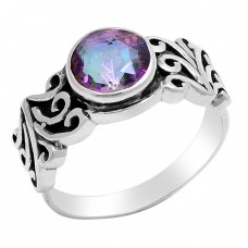 Faceted Round Shape Mystic Topaz Gemstone 925 Sterling Silver Ring Jewelry