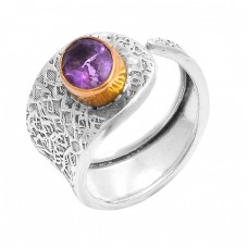 Oval Shape Amethyst Gemstone 925 Sterling Silver Gold Plated Ring 