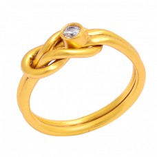 Faceted Round Shape Cubic Zirconia Gemstone 925 Silver Gold Plated Ring