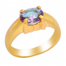 Faceted Oval Shape Mystic Topaz Gemstone 925 Silver Gold Plated Ring