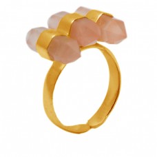 Pencil Shape Rose Quartz Gemstone 925 Sterling Silver Gold Plated Adjustable Ring