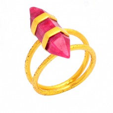 Pencil Shape Ruby Gemstone 925 Sterling Silver Gold Plated Ring Jewelry