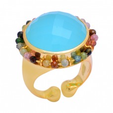 Chalcedony Tourmaline Beades Gemstone 925 Silver Gold Plated Ring