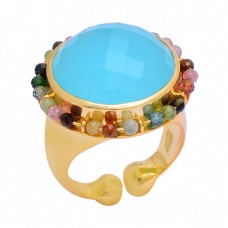 Chalcedony Tourmaline Beades Gemstone 925 Silver Gold Plated Ring