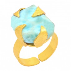 Rectangle Shape Larimar Gemstone 925 Sterling Silver Gold Plated Ring