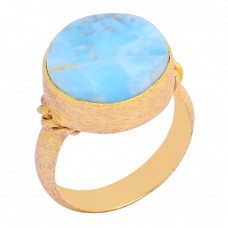 Round Shape Larimar Gemstone 925 Sterling Silver Gold Plated Ring 