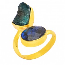 Apatite Rough Labradorite Gemstone 925 Silver Gold Plated Handmade Ring