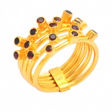 Round Shape Garnet Gemstone 925 Sterling Silver Gold Plated Ring 