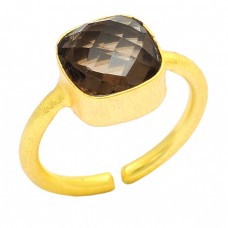 Square Shape Smoky Quartz Gemstone 925 Sterling Silver Gold Plated Ring