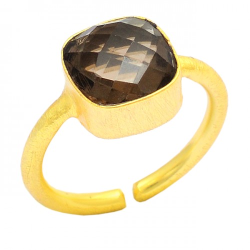Square Shape Smoky Quartz Gemstone 925 Sterling Silver Gold Plated Ring