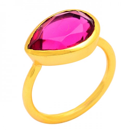 Faceted Pear Shape Pink Quartz Gemstone 925 Silver Gold Plated Ring
