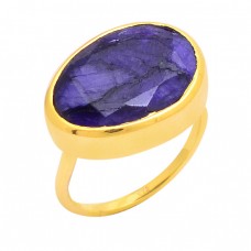 Oval Shape Blue Sapphire Gemstone 925 Silver Gold Plated Designer Ring