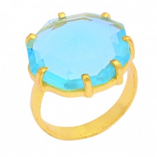 Six Corner Shape Blue Topaz Gemstone 925 Sterling Silver Gold Plated Ring