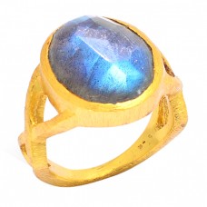 Oval Shape Labradorite Gemstone 925 Sterling Silver Gold Plated Ring