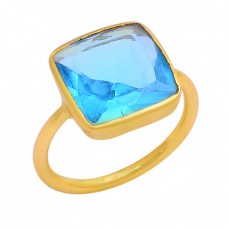 Square Shape Blue Topaz Gemstone 925 Sterling Silver Gold Plated Ring