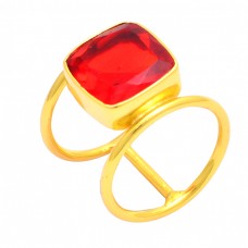 Square Shape Fanta Quartz Gemstone 925 Sterling Silver Gold Plated Ring