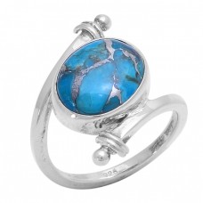 Cabochon Oval Shape Blue Copper Turquoise Gemstone 925 Silver Ring