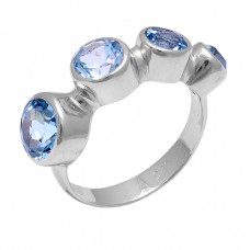 Faceted Round Shape Blue Topaz Gemstone 925 Sterling Silver Ring Jewelry