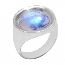 Cabochon Round Shape Rainbow Moonstone 925 Sterling Silver Stylish Ring