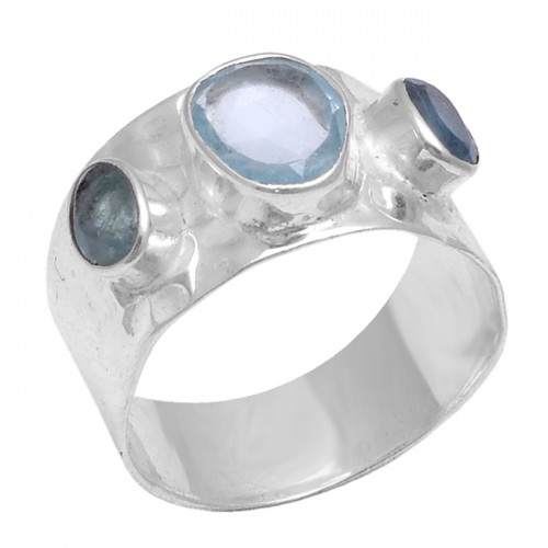 Faceted Oval Shape Blue Topaz Apatite Gemstone 925 Sterling Silver Ring Jewelry