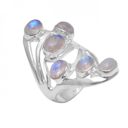 Oval Cabochon Rainbow Moonstone 925 Sterling Silver Unique Designer Ring