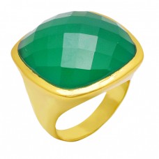 Cushion Shape Green Onyx Gemstone 925 Sterling Silver Gold Plated Ring Jewelry