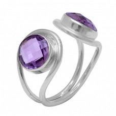 Faceted Round Shape Amethyst Gemstone 925 Sterling Silver Handmade Ring