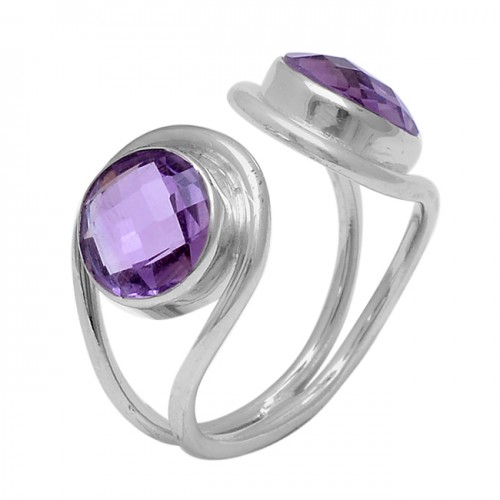 Faceted Round Shape Amethyst Gemstone 925 Sterling Silver Handmade Ring