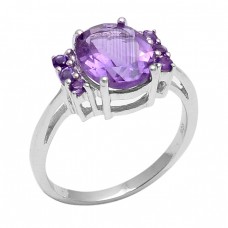 Oval Round Shape Amethyst Gemstone 925 Sterling Silver Prong Setting Ring