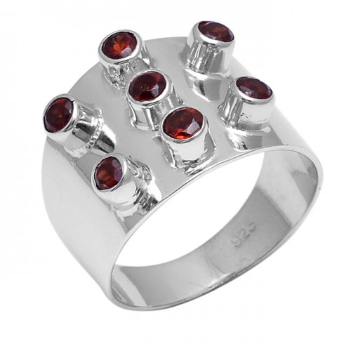 Faceted Round Shape Garnet Gemstone 925 Sterling Silver Ring Jewelry