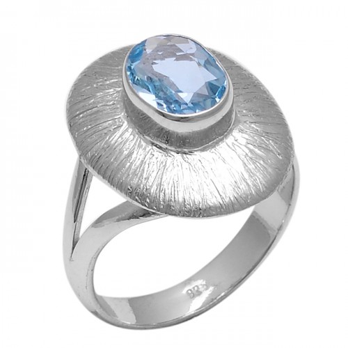 Faceted Oval Shape Blue Topaz Gemstone 925 Sterling Silver Designer Ring