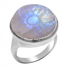 Carving Round Rainbow Moonstone 925 Sterling Silver Designer Ring Jewelry