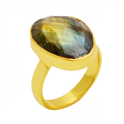 Oval Shape Labradorite Gemstone 925 Sterling Silver Gold Plated Ring Jewelry