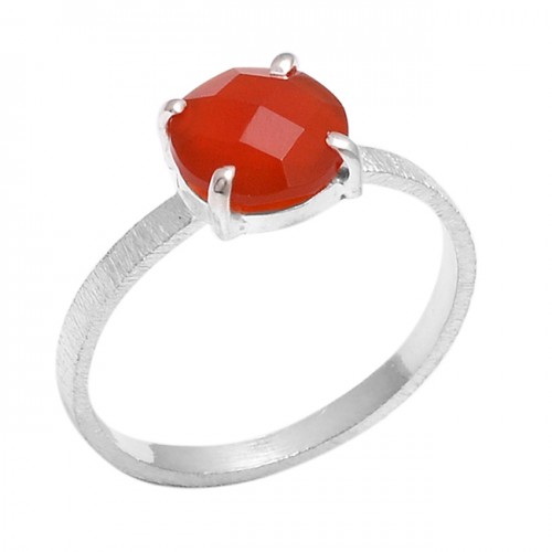 Prong Setting Round Shape Carnelian Gemstone 925 Sterling Silver Jewelry Ring