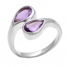 Faceted Pear Shape Amethyst Gemstone 925 Sterling Silver Jewelry Ring 