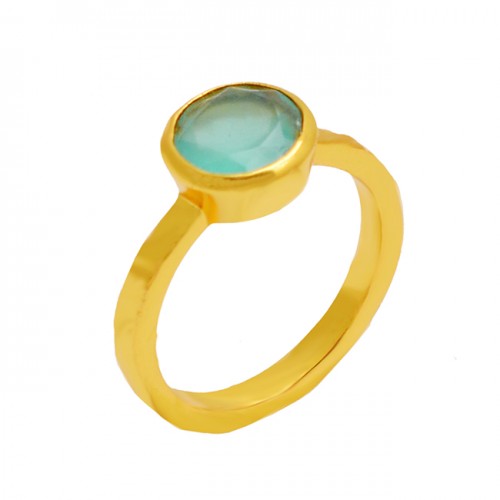 Faceted Round Shape Aqua Color Chalcedony Gemstone 925 Sterling Silver Gold Plated Ring Jewelry