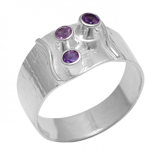 Faceted Round Shape Amethyst Gemstone 925 Sterling Silver Jewelry Ring