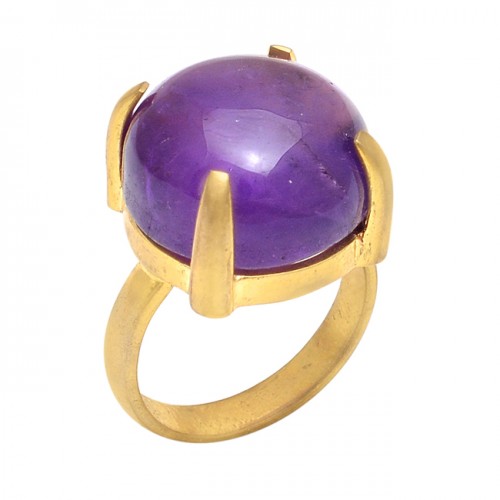 Round Cabochon Amethyst Gemstone 925 Sterling Silver Jewelry Gold Plated Ring