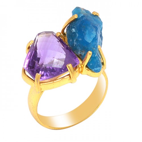 Amethyst Apatite Gemstone 925 Sterling Silver Jewelry Gold Plated Ring 