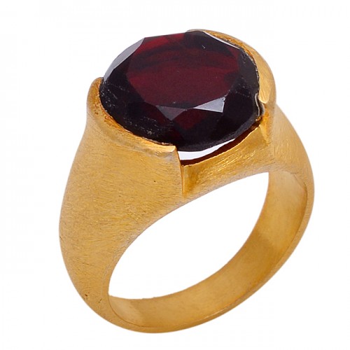 Faceted Round Shape Garnet Gemstone 925 sterling Silver Gold Plated Ring Jewelry