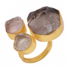 Smoky Quartz Rough Gemstone 925 Sterling Silver Jewelry Gold Plated Ring